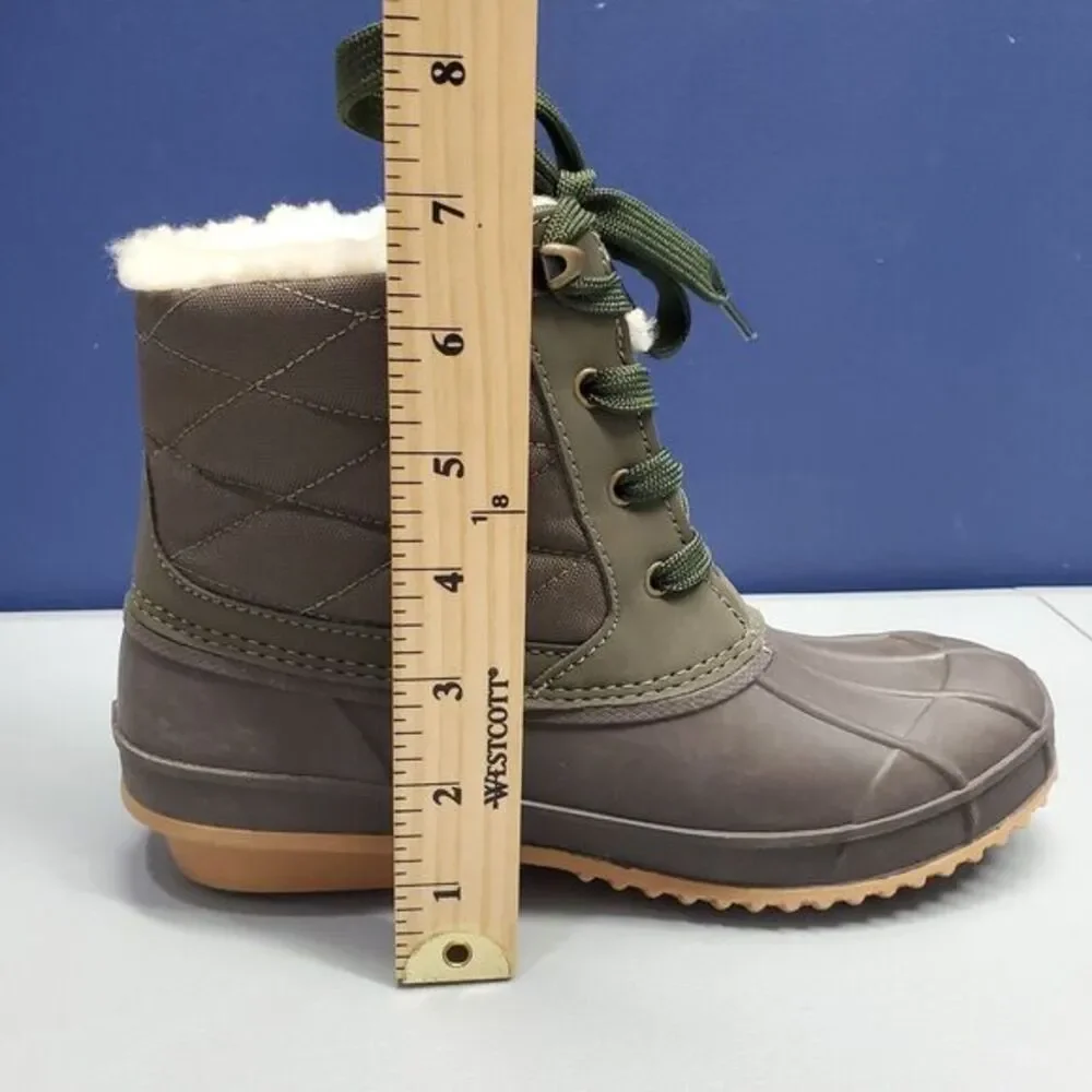 Khombu Zany Waterproof Duck Boots Womens Sz 7 Grey Green Synthetic Faux Fur Trim